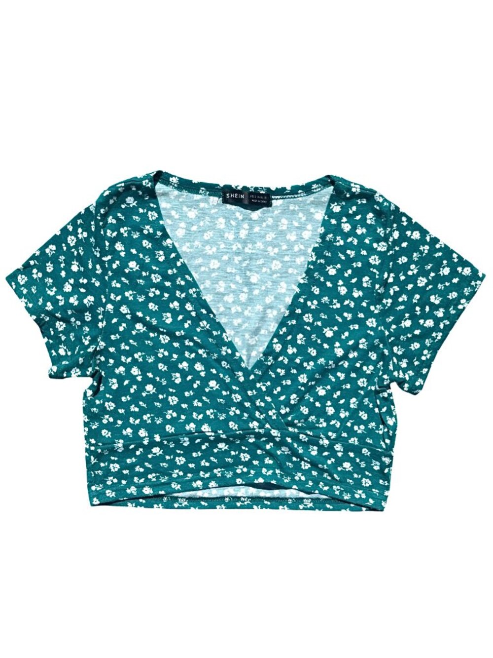 SHEIN Size S Deep Teal With White Flowers Surplice V-Neck Crop Top